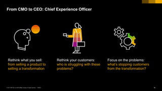 16PUBLIC© 2017 SAP SE or an SAP affiliate company. All rights reserved. ǀ
From CMO to CEO: Chief Experience Officer
Rethink what you sell:
from selling a product to
selling a transformation
Rethink your customers:
who is struggling with these
problems?
Focus on the problems:
what’s stopping customers
from the transformation?
 