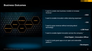 30PUBLIC© 2017 SAP SE or an SAP affiliate company. All rights reserved. ǀ
Business Outcomes
- CEO
- CIO
- LOB Head
- Chief Digital | Innovation Officer
- Developers
“I want to create new business models to increase
revenue.”
“I want to enable innovation while reducing expenses.”
“I want to grow revenue without worrying about
technology.”
“I want to enable digital innovation across the company.”
“I want to build great apps on an open and extensible
platform.”
 