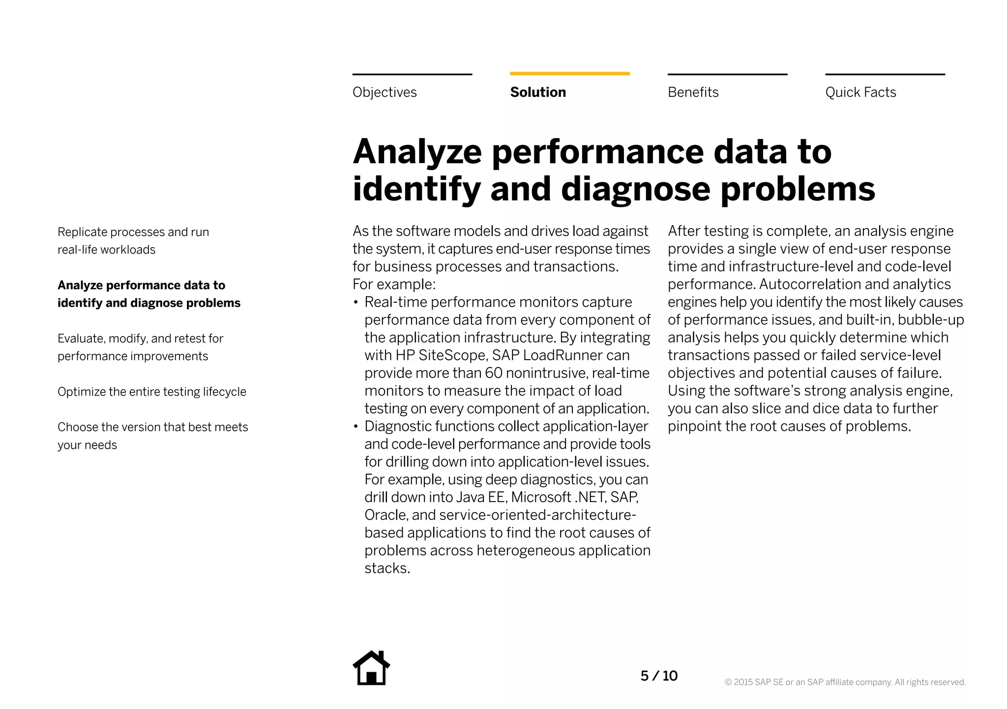 5 / 10 © 2015 SAP SE or an SAP affiliate company. All rights reserved.
Analyze performance data to
identify and diagnose problems
As the software models and drives load against
the system,it captures end-user response times
for business processes and transactions.
For example:
•• Real-time performance monitors capture
performance data from every component of
the application infrastructure. By integrating
with HP SiteScope, SAP LoadRunner can
provide more than 60 nonintrusive, real-time
monitors to measure the impact of load
testing on every component of an application.
•• Diagnostic functions collect application-layer
and code-level performance and provide tools
for drilling down into application-level issues.
For example, using deep diagnostics, you can
drill down into Java EE, Microsoft .NET, SAP,
Oracle, and service-oriented-architecture-
based applications to find the root causes of
problems across heterogeneous application
stacks.
After testing is complete, an analysis engine
provides a single view of end-user response
time and infrastructure-level and code-level
performance. Autocorrelation and analytics
engines help you identify the most likely causes
of performance issues, and built-in, bubble-up
analysis helps you quickly determine which
transactions passed or failed service-level
objectives and potential causes of failure.
Using the software’s strong analysis engine,
you can also slice and dice data to further
pinpoint the root causes of problems.
BenefitsSolutionObjectives Quick Facts
Replicate processes and run
real-life workloads
Analyze performance data to
identify and diagnose problems
Evaluate, modify, and retest for
performance improvements
Optimize the entire testing lifecycle
Choose the version that best meets
your needs
 