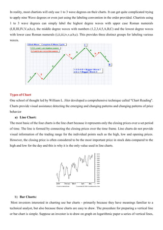 In reality, most chartists will only use 1 to 3 wave degrees on their charts. It can get quite complicated trying
to apply nine Wave degrees or even just using the labeling convention in the order provided. Chartists using
1 to 3 wave degrees can simply label the highest degree waves with upper case Roman numerals
(I,II,III,IV,V,a,b,c), the middle degree waves with numbers (1,2,3,4,5,A,B,C) and the lowest degree waves
with lower case Roman numerals (i,ii,iii,iv,v,a.b,c). This provides three distinct groups for labeling various
waves.
Types of Chart
One school of thought led by William L. Jiler developed a comprehensive technique called "Chart Reading".
Charts provide visual assistance detecting the emerging and changing patterns and changing patterns of price
behavior
a) Line Chart:
The most basic of the four charts is the line chart because it represents only the closing prices over a set period
of time. The line is formed by connecting the closing prices over the time frame. Line charts do not provide
visual information of the trading range for the individual points such as the high, low and opening prices.
However, the closing price is often considered to be the most important price in stock data compared to the
high and low for the day and this is why it is the only value used in line charts.
b) Bar Charts:
Most investors interested in charting use bar charts - primarily because they have meanings familiar to a
technical analyst, but also because these charts are easy to draw. The procedure for preparing a vertical line
or bar chart is simple. Suppose an investor is to draw on graph on logarithmic paper a series of vertical lines,
 