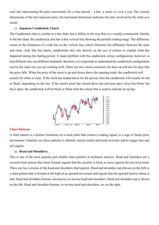 each line representing the price movements for a time period – a day, a week, or even a year The vertical
dimensions of the line represent price; the horizontal dimension indicates the time involved by the chart as a
whole.
c) Japanese Candlestick Charts
The Candlestick chart is similar to a bar chart, but it differs in the way that it is visually constructed. Similar
to the bar chart, the candlestick also has a thin vertical line showing the period's trading range. The difference
comes in the formation of a wide bar on the vertical line, which illustrates the difference between the open
and close. And, like bar charts, candlesticks also rely heavily on the use of colours to explain what has
happened during the trading period. A major problem with the candlestick colour configuration, however, is
that different sites use different standards; therefore, it is important to understand the candlestick configuration
used at the chart site you are working with. There are two colour constructs for days up and one for days that
the price falls. When the price of the stock is up and closes above the opening trade, the candlestick will
usually be white or clear. If the stock has traded down for the period, then the candlestick will usually be red
or black, depending on the site. If the stock's price has closed above the previous day's close but below the
day's open, the candlestick will be black or filled with the colour that is used to indicate an up day.
Chart Patterns
A chart pattern is a distinct formation on a stock chart that creates a trading signal, or a sign of future price
movements. Chartists use these patterns to identify current trends and trend reversals and to trigger buy and
sell signals.
a) Head and Shoulders:
This is one of the most popular and reliable chart patterns in technical analysis. Head and shoulders are a
reversal chart pattern that when formed, signals that the security is likely to move against the previous trend.
There are two versions of the head and shoulders chart pattern. Head and shoulders top (shown on the left) is
a chart pattern that is formed at the high of an upward movement and signals that the upward trend is about to
end. Head and shoulders bottom, also known as inverse head and shoulders. Head and shoulders top is shown
on the left. Head and shoulders bottom, or inverse head and shoulders, are on the right.
 