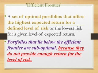 'Efficient Frontier'
• A set of optimal portfolios that offers
the highest expected return for a
defined level of risk or the lowest risk
for a given level of expected return.
• Portfolios that lie below the efficient
frontier are sub-optimal, because they
do not provide enough return for the
level of risk.
 