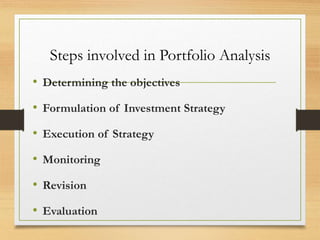Steps involved in Portfolio Analysis
• Determining the objectives
• Formulation of Investment Strategy
• Execution of Strategy
• Monitoring
• Revision
• Evaluation
 