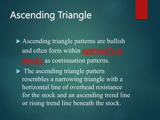 Ascending Triangle
 Ascending triangle patterns are bullish
and often form within uptrend’s in
stocks as continuation patterns.
 The ascending triangle pattern
resembles a narrowing triangle with a
horizontal line of overhead resistance
for the stock and an ascending trend line
or rising trend line beneath the stock.
 
