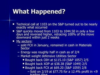 What Happened? Technical call at 1103 on the S&P turned out to be nearly exactly what occurred S&P quickly moved from 1103 to 1044.50 in only a few days and reversed higher, retracing 100% of the move downward within just 2 weeks  My sectors :  sold FCX in January, remained in cash in Materials Sector Energy was roughly half in cash as of 2/4 Market weight defensive Utilities Sector Bought back OIH at $115.10 (S&P 1057) 2/5 Bought back XOP at $38.38 (S&P 1049) 2/5 Bought back FCX at $69.20 (S&P 1059) 2/8 Sold on 2/19 at $77.75 for a 12.4% profit in <9 trading days 