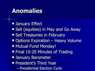 Anomalies January Effect Sell (equities) in May and Go Away Sell Treasuries in February Options Expiration – Heavy Volume Mutual Fund Monday! Final 10-20 Minutes of Trading January Barometer President’s Third Year Presidential Election Cycle 