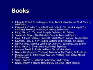 Books Edwards, Robert D. and Magee, John, Technical Analysis of Stock Trends, 9th Edition Kirkpatrick, Charles D. and Dahlquist, Julie R.: Technical Analysis The Complete Resource for Financial Market Technicians Pring, Martin J.: Technical Analysis Explained, 4th Edition Jeremy du Plessis, The Definitive Guide to Point and Figure Frost, A.J. and Prechter, Robert R., Elliott Wave Principle, Tenth Edition Kaufman, Perry J., New Trading Systems and Methods, 4th Edition Nison, Steve, Japanese Candlestick Charting Techniques, 2nd Edition Pring, Martin J., Investment Psychology Explained Aronson, David R.: Evidence-Based Technical Analysis Brown, Constance M., Technical Analysis for the Trading Professional Murphy, John J., Intermarket Analysis: Profiting From Global Market Relationships Shiller, Robert J., Irrational Exuberance, 2nd Edition O’Neil, William J, How to Make Money in Stocks (latest edition) 