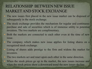  The new issues first placed in the new issue market can be disposed of
    subsequently in the stock exchange.
   The stock exchange provides the mechanism for regular and continuous
    purchase and sale of securities which is of immense utility to potential
    investors. The two markets are complimentary.
   Both the markets are connected to each other even at the time of new
    issue.
   The company which makes new issue applies for listing shares on a
    recognized stock exchange.
   Listing of shares adds prestige to the firm and widens the market for
    investors.
   The two markets act and react upon each other in the same direction.
   When the stock prices go up in the market, the new issues increase and
    when the stock prices show a downward trend the new issues decline.
 