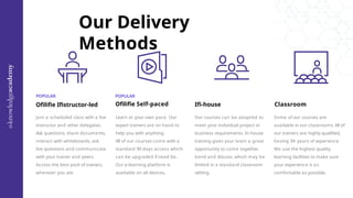 Our Delivery
Methods
POPULAR
Ofilifie Ifistructor-led
Join a scheduled class with a live
instructor and other delegates.
Ask questions, share documents,
interact with whiteboards, ask
live questions and communicate
with your trainer and peers.
Access the best pool of trainers,
wherever you are.
POPULAR
Ofilifie Self-paced
Learn at your own pace. Our
expert trainers are on hand to
help you with anything.
All of our courses come with a
standard 90 days access which
can be upgraded if need be..
Our e-learning platform is
available on all devices.
Ifi-house
Our courses can be adapted to
meet your individual project or
business requirements. In-house
training gives your team a great
opportunity to come together,
bond and discuss, which may be
limited in a standard classroom
setting.
Classroom
Some of our courses are
available in our classrooms. All of
our trainers are highly qualified,
having 10+ years of experience.
We use the highest quality
learning facilities to make sure
your experience is as
comfortable as possible.
 