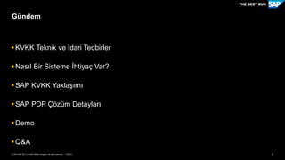 3PUBLİC© 2018 SAP SE or an SAP affiliate company. All rights reserved. ǀ
Gündem
KVKK Teknik ve İdari Tedbirler
Nasıl Bir Sisteme İhtiyaç Var?
SAP KVKK Yaklaşımı
SAP PDP Çözüm Detayları
Demo
Q&A
 