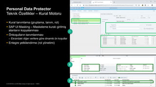 51PUBLİC© 2018 SAP SE or an SAP affiliate company. All rights reserved. ǀ
Personal Data Protector
Teknik Ö – Kural Motoru
 Kural tanımlama (gruplama, tanım, rol)
 SAP UI Masking – Maskeleme kuralı girilmiş
alanların kopyalanması
 Önkoşulların tanımlanması
– Ekrandaki diğer verilere göre dinamik ön koşullar
 Entegre yetkilendirme (rol yönetimi)
 