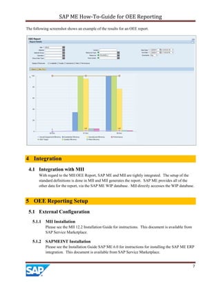 SAP ME How-To-Guide for OEE Reporting
7
The following screenshot shows an example of the results for an OEE report.
4 Integration
4.1 Integration with MII
With regard to the MII OEE Report, SAP ME and MII are tightly integrated. The setup of the
standard definitions is done in MII and MII generates the report. SAP ME provides all of the
other data for the report, via the SAP ME WIP database. MII directly accesses the WIP database.
5 OEE Reporting Setup
5.1 External Configuration
5.1.1 MII Installation
Please see the MII 12.2 Installation Guide for instructions. This document is available from
SAP Service Marketplace.
5.1.2 SAPMEINT Installation
Please see the Installation Guide SAP ME 6.0 for instructions for installing the SAP ME ERP
integration. This document is available from SAP Service Marketplace.
 