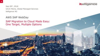 AWS SAP WebDay
SAP Migration to Cloud Made Easy:
One Target, Multiple Options
Sep 28th, 2018
Ulrich Meine, Global Managed Services
itelligence AG
Information type: Public
Company name: itelligence AG
Information owner: GMS Product Management
 