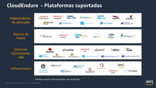 © 2020, Amazon Web Services, Inc. or its Affiliates.
On-premise
Data Centers
CloudEndure - Plataformas suportadas
Independente
de aplicação
Bancos de
Dados
Sistemas
Operacionais
x86
Infraestrutura
Verifique sempre a documentação mais atualizada
Windows
Workstations
 