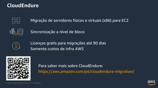 © 2020, Amazon Web Services, Inc. or its Affiliates.
CloudEndure
Migração de servidores físicos e virtuais (x86) para EC2
Sincronização a nível de bloco
Licenças gratis para migrações até 90 dias
Somente custos de infra AWS
Para saber mais sobre CloudEndure:
https://aws.amazon.com/pt/cloudendure-migration/
 