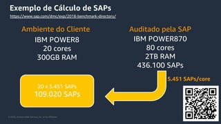 © 2020, Amazon Web Services, Inc. or its Affiliates.
Auditado pela SAPAmbiente do Cliente
IBM POWER8
20 cores
300GB RAM
IBM POWER870
80 cores
2TB RAM
436.100 SAPs
5.451 SAPs/core
20 x 5.451 SAPs
109.020 SAPs
https://www.sap.com/dmc/exp/2018-benchmark-directory/
Exemplo de Cálculo de SAPs
 