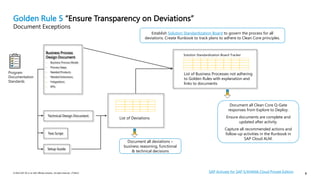 6
© 2022 SAP SE or an SAP affiliate company. All rights reserved. | PUBLIC 6
Golden Rule 5 “Ensure Transparency on Deviations”
Document Exceptions
Document all Clean Core Q-Gate
responses from Explore to Deploy.
Ensure documents are complete and
updated after activity.
Capture all recommended actions and
follow-up activities in the Runbook in
SAP Cloud ALM.
Business Process
Design Document
• Business Process Model
• Process Steps
• Needed Products
• Needed Extensions
• Integrations
• KPIs
List of Business Processes not adhering
to Golden Rules with explanation and
links to documents
Technical Design Document
Test Script
Setup Guide
Solution Standardization Board Tracker
Program
Documentation
Standards
List of Deviations
Document all deviations –
business reasoning, functional
& technical decisions
SAP Activate for SAP S/4HANA Cloud Private Edition
Establish Solution Standardization Board to govern the process for all
deviations. Create Runbook to track plans to adhere to Clean Core principles.
 