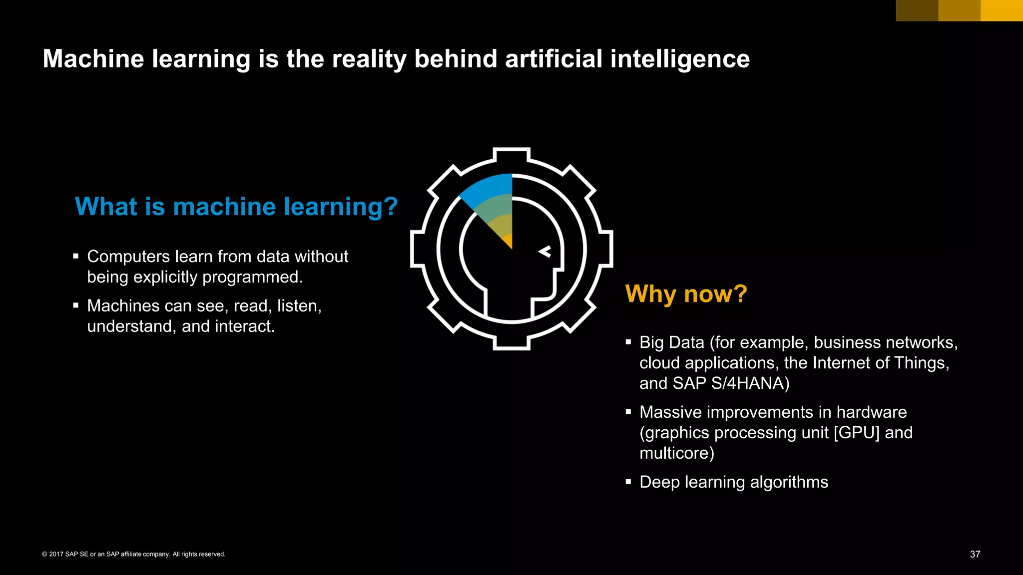37© 2017 SAP SE or an SAP affiliate company. All rights reserved.
Machine learning is the reality behind artificial intelligence
 Big Data (for example, business networks,
cloud applications, the Internet of Things,
and SAP S/4HANA)
 Massive improvements in hardware
(graphics processing unit [GPU] and
multicore)
 Deep learning algorithms
 Computers learn from data without
being explicitly programmed.
 Machines can see, read, listen,
understand, and interact.
What is machine learning?
Why now?
 