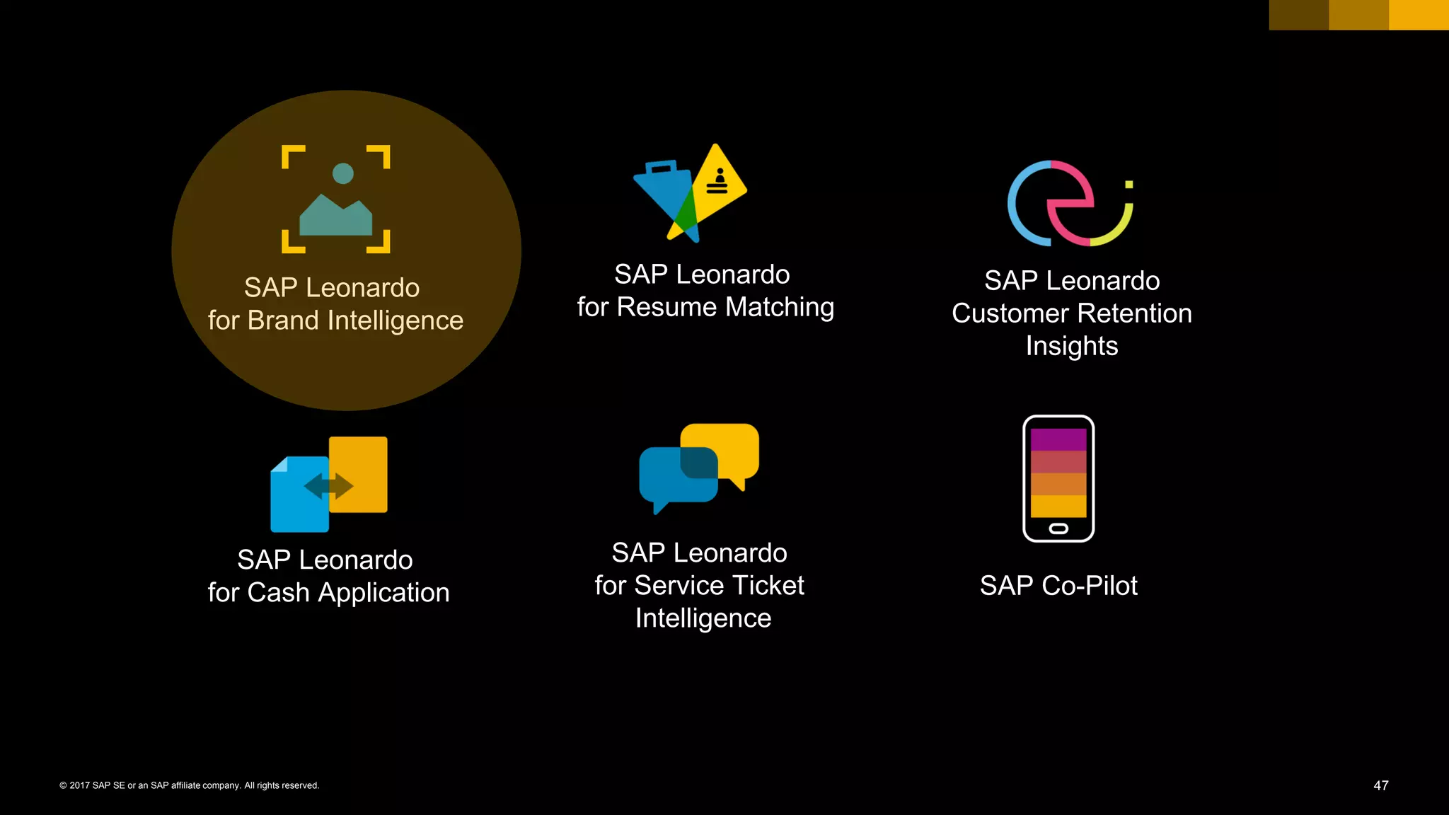 47© 2017 SAP SE or an SAP affiliate company. All rights reserved.
SAP Leonardo
for Cash Application
SAP Leonardo
for Resume Matching
SAP Leonardo
for Service Ticket
Intelligence
SAP Leonardo
for Brand Intelligence
SAP Leonardo
Customer Retention
Insights
SAP Co-Pilot
 