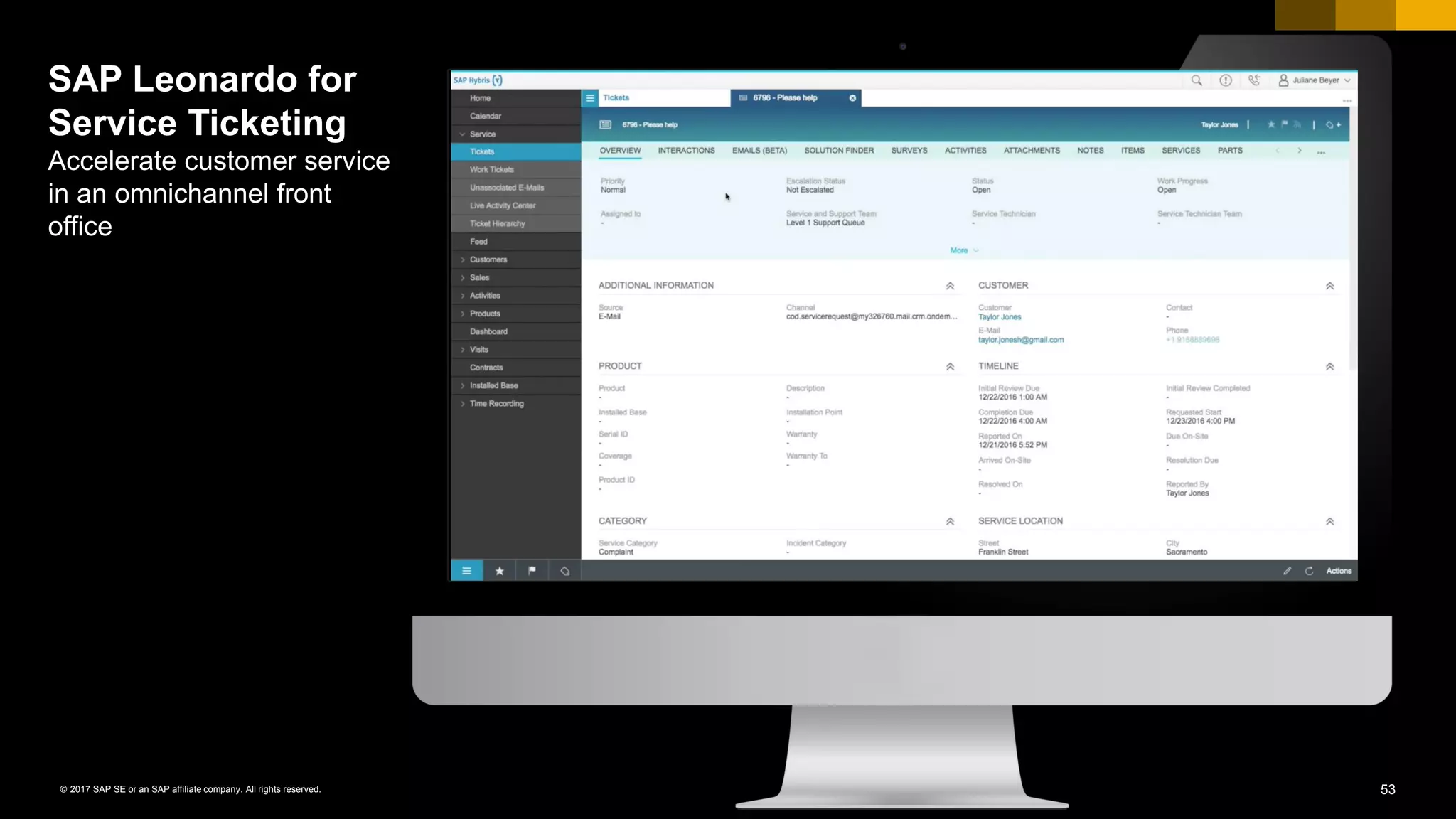 53© 2017 SAP SE or an SAP affiliate company. All rights reserved.
SAP Leonardo for
Service Ticketing
Accelerate customer service
in an omnichannel front
office
 