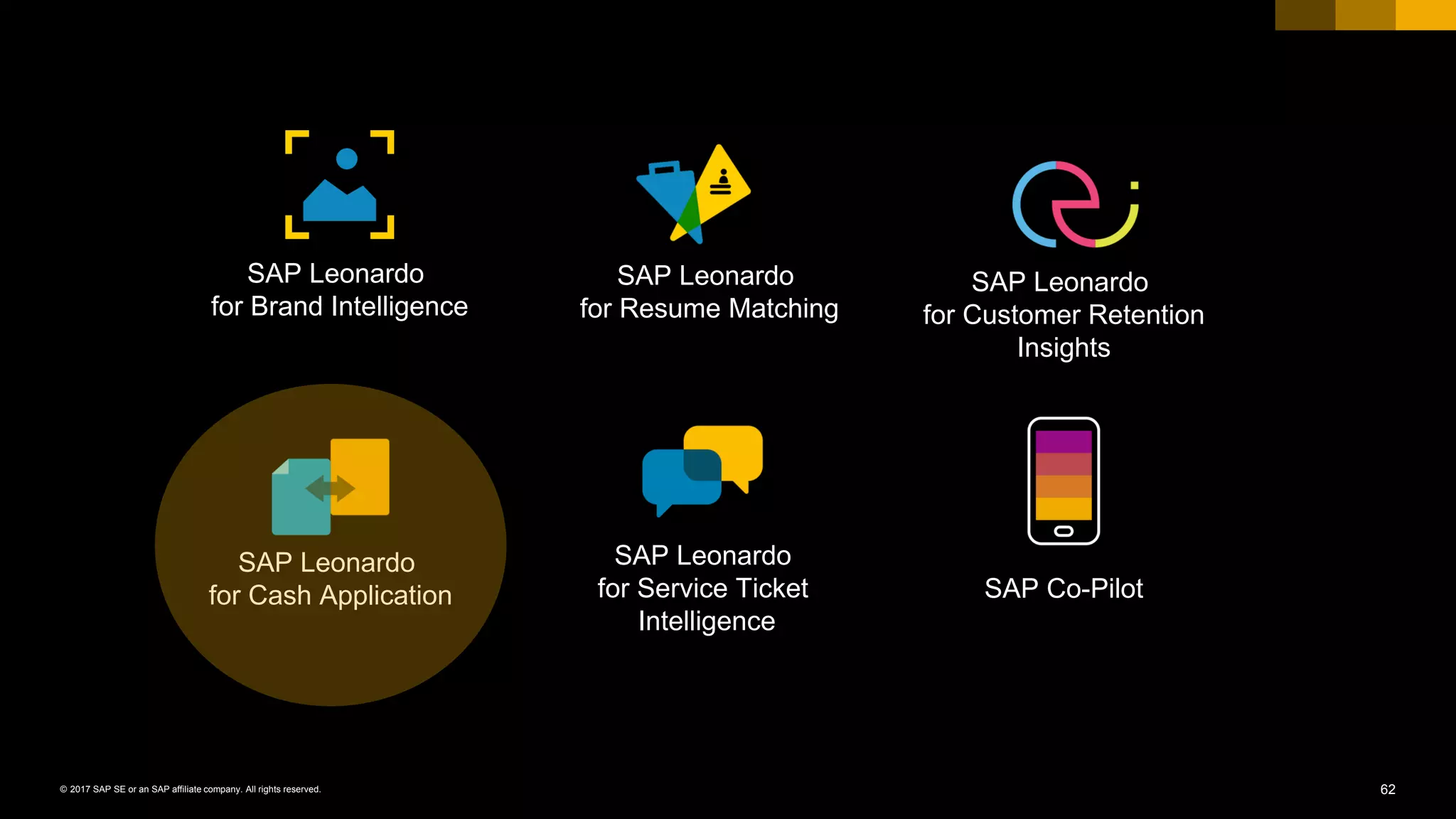 62© 2017 SAP SE or an SAP affiliate company. All rights reserved.
SAP Leonardo
for Cash Application
SAP Leonardo
for Resume Matching
SAP Leonardo
for Service Ticket
Intelligence
SAP Leonardo
for Brand Intelligence
SAP Leonardo
for Customer Retention
Insights
SAP Co-Pilot
 
