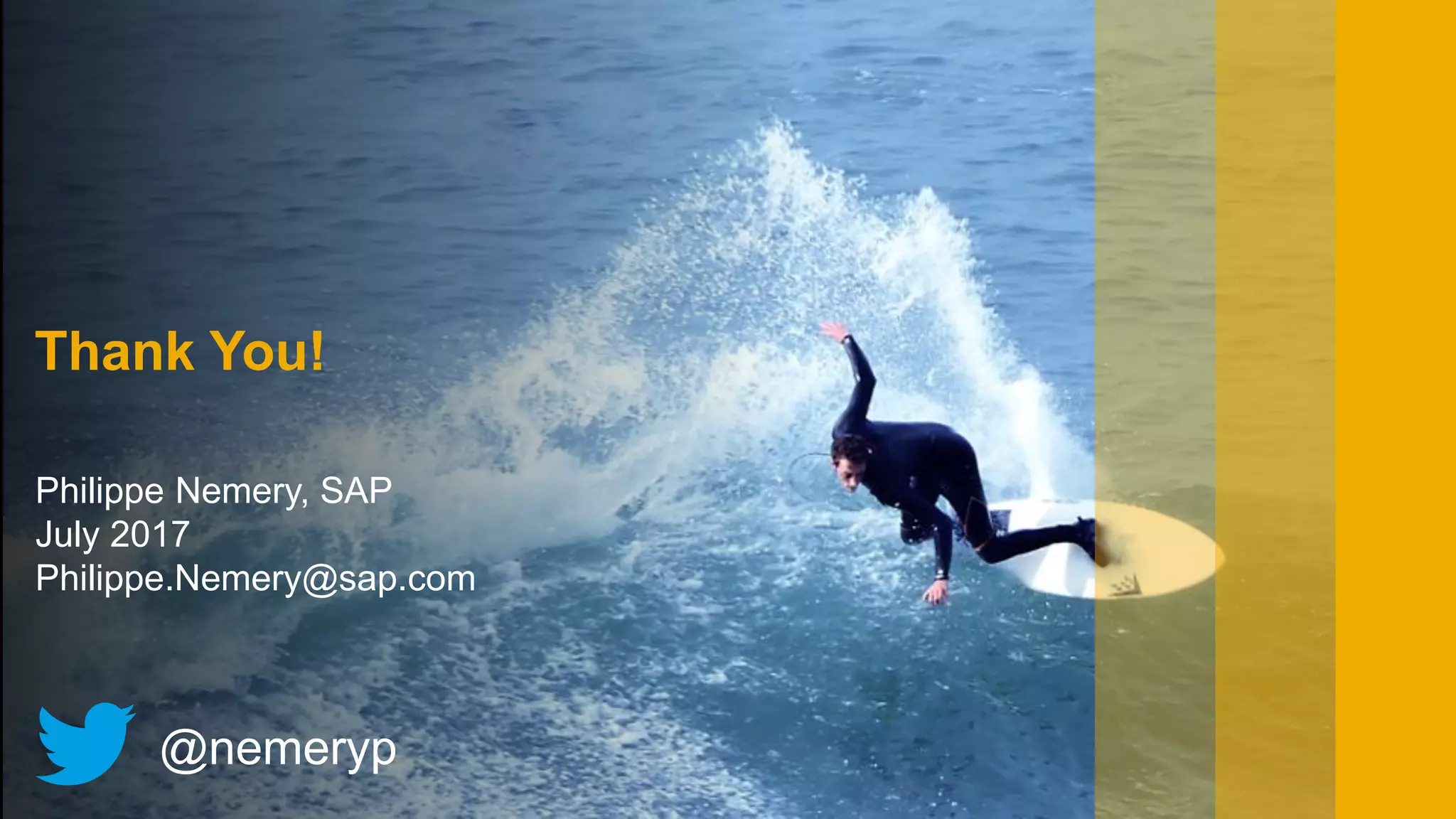 Philippe Nemery, SAP
July 2017
Philippe.Nemery@sap.com
@nemeryp
Thank You!
 