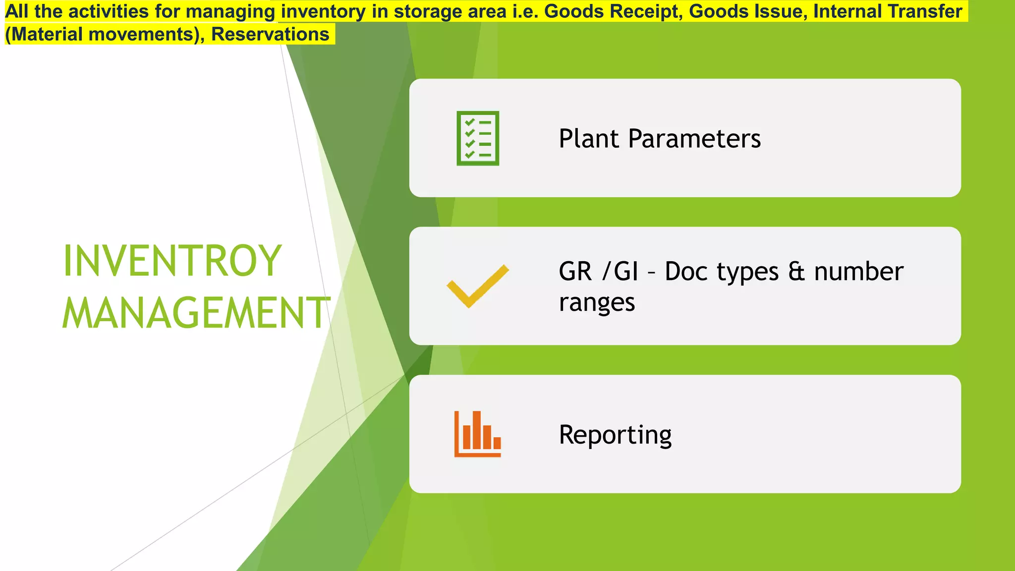 INVENTROY
MANAGEMENT
Plant Parameters
GR /GI – Doc types & number
ranges
Reporting
All the activities for managing inventory in storage area i.e. Goods Receipt, Goods Issue, Internal Transfer
(Material movements), Reservations
 
