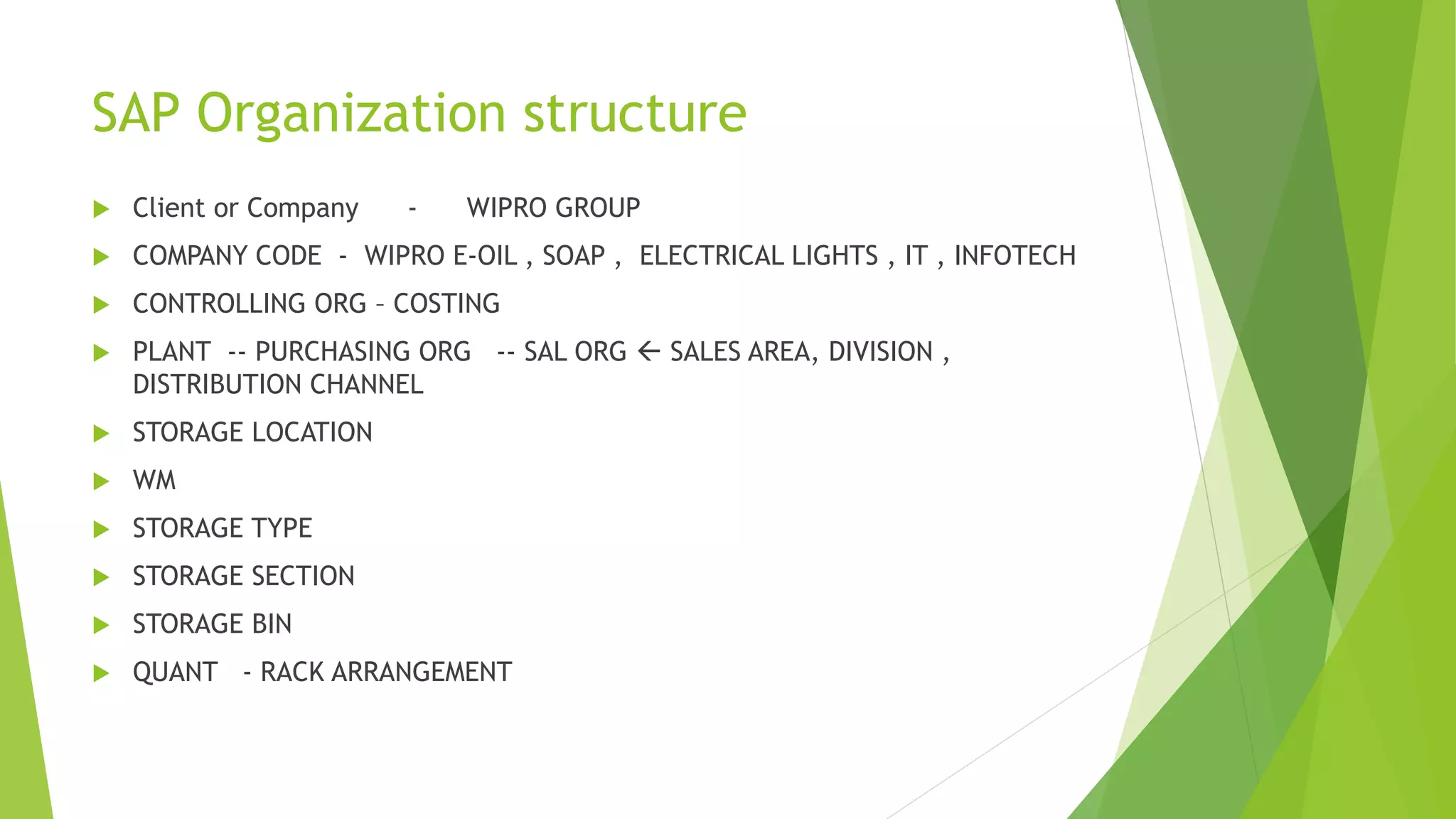 SAP Organization structure
 Client or Company - WIPRO GROUP
 COMPANY CODE - WIPRO E-OIL , SOAP , ELECTRICAL LIGHTS , IT , INFOTECH
 CONTROLLING ORG – COSTING
 PLANT -- PURCHASING ORG -- SAL ORG  SALES AREA, DIVISION ,
DISTRIBUTION CHANNEL
 STORAGE LOCATION
 WM
 STORAGE TYPE
 STORAGE SECTION
 STORAGE BIN
 QUANT - RACK ARRANGEMENT
 