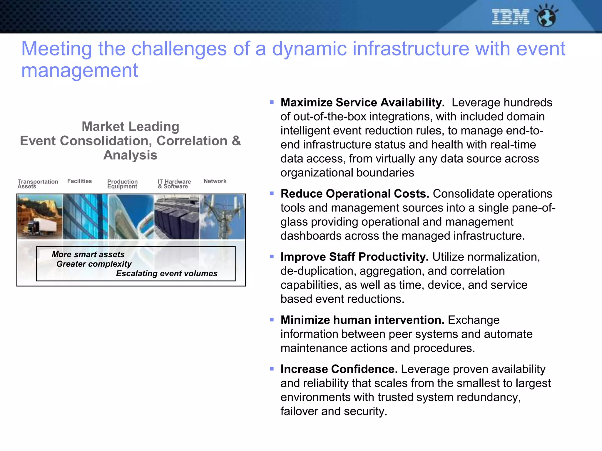 Meeting the challenges of a dynamic infrastructure with event
 management
                                                                    Maximize Service Availability. Leverage hundreds
                                                                     of out-of-the-box integrations, with included domain
        Market Leading                                               intelligent event reduction rules, to manage end-to-
Event Consolidation, Correlation &                                   end infrastructure status and health with real-time
            Analysis                                                 data access, from virtually any data source across
                                                                     organizational boundaries
Transportation   Facilities   Production   IT Hardware   Network
Assets                        Equipment    & Software
                                                                    Reduce Operational Costs. Consolidate operations
                                                                     tools and management sources into a single pane-of-
                                                                     glass providing operational and management
                                                                     dashboards across the managed infrastructure.
           More smart assets                                        Improve Staff Productivity. Utilize normalization,
            Greater complexity
                          Escalating event volumes                   de-duplication, aggregation, and correlation
                                                                     capabilities, as well as time, device, and service
                                                                     based event reductions.
                                                                    Minimize human intervention. Exchange
                                                                     information between peer systems and automate
                                                                     maintenance actions and procedures.
                                                                    Increase Confidence. Leverage proven availability
                                                                     and reliability that scales from the smallest to largest
                                                                     environments with trusted system redundancy,
                                                                     failover and security.
 