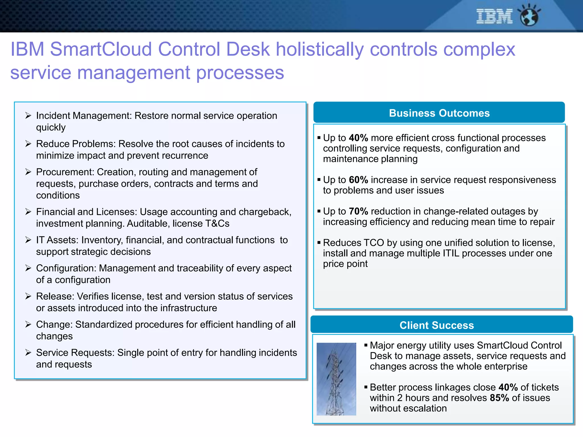 IBM SmartCloud Control Desk holistically controls complex
service management processes

  Incident Management: Restore normal service operation                            Business Outcomes
   quickly
                                                                     Up to 40% more efficient cross functional processes
  Reduce Problems: Resolve the root causes of incidents to           controlling service requests, configuration and
   minimize impact and prevent recurrence                             maintenance planning
  Procurement: Creation, routing and management of
   requests, purchase orders, contracts and terms and                Up to 60% increase in service request responsiveness
                                                                      to problems and user issues
   conditions
  Financial and Licenses: Usage accounting and chargeback,          Up to 70% reduction in change-related outages by
   investment planning. Auditable, license T&Cs                       increasing efficiency and reducing mean time to repair
  IT Assets: Inventory, financial, and contractual functions to     Reduces TCO by using one unified solution to license,
   support strategic decisions                                        install and manage multiple ITIL processes under one
  Configuration: Management and traceability of every aspect         price point
   of a configuration
  Release: Verifies license, test and version status of services
   or assets introduced into the infrastructure
  Change: Standardized procedures for efficient handling of all                       Client Success
   changes
                                                                                Major energy utility uses SmartCloud Control
  Service Requests: Single point of entry for handling incidents                Desk to manage assets, service requests and
   and requests                                                                  changes across the whole enterprise

                                                                                Better process linkages close 40% of tickets
                                                                                 within 2 hours and resolves 85% of issues
                                                                                 without escalation
 