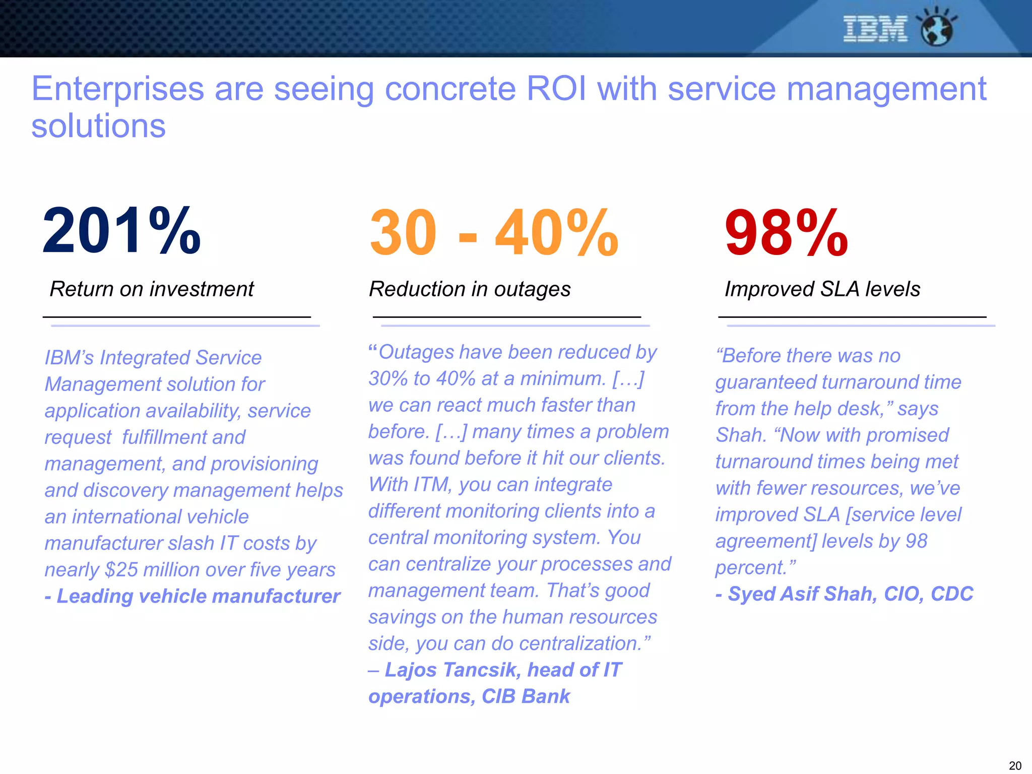 Enterprises are seeing concrete ROI with service management
solutions


201%                                 30 - 40%                               98%
 Return on investment                Reduction in outages                   Improved SLA levels


IBM’s Integrated Service             “Outages have been reduced by          “Before there was no
Management solution for              30% to 40% at a minimum. […]           guaranteed turnaround time
application availability, service    we can react much faster than          from the help desk,” says
request fulfillment and              before. […] many times a problem       Shah. “Now with promised
management, and provisioning         was found before it hit our clients.   turnaround times being met
and discovery management helps       With ITM, you can integrate            with fewer resources, we’ve
an international vehicle             different monitoring clients into a    improved SLA [service level
manufacturer slash IT costs by       central monitoring system. You         agreement] levels by 98
nearly $25 million over five years   can centralize your processes and      percent.”
- Leading vehicle manufacturer       management team. That’s good           - Syed Asif Shah, CIO, CDC
                                     savings on the human resources
                                     side, you can do centralization.”
                                     – Lajos Tancsik, head of IT
                                     operations, CIB Bank


                                                                                                          20
 