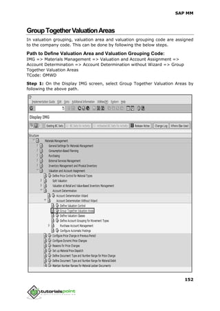 SAP MM
152
GroupTogetherValuationAreas
In valuation grouping, valuation area and valuation grouping code are assigned
to the company code. This can be done by following the below steps.
Path to Define Valuation Area and Valuation Grouping Code:
IMG => Materials Management => Valuation and Account Assignment =>
Account Determination => Account Determination without Wizard => Group
Together Valuation Areas
TCode: OMWD
Step 1: On the Display IMG screen, select Group Together Valuation Areas by
following the above path.
 