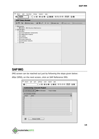 SAP MM
14
SAPIMG
IMG screen can be reached out just by following the steps given below:
After SPRO, on the next screen, click on SAP Reference IMG.
 