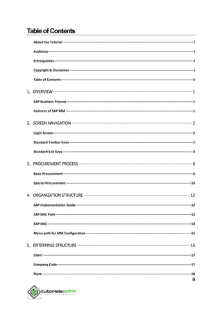 ii
TableofContents
About the Tutorial ·····································································································································i
Audience····················································································································································i
Prerequisites··············································································································································i
Copyright & Disclaimer ······························································································································i
Table of Contents······································································································································ii
1. OVERVIEW·····························································································································1
SAP Business Process ································································································································1
Features of SAP MM ·································································································································1
2. SCREEN NAVIGATION ············································································································2
Login Screen··············································································································································2
Standard Toolbar Icons ·····························································································································2
Standard Exit Keys ····································································································································3
3. PROCUREMENT PROCESS······································································································6
Basic Procurement····································································································································6
Special Procurement·······························································································································10
4. ORGANIZATION STRUCTURE ·······························································································12
SAP Implementation Guide·····················································································································12
SAP IMG Path··········································································································································12
SAP IMG··················································································································································14
Menu path for MM Configuration···········································································································15
5. ENTERPRISE STRUCTURE ·····································································································16
Client ······················································································································································17
Company Code········································································································································17
Plant ·······················································································································································18
 