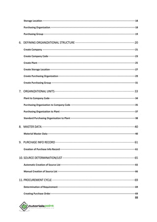 iii
Storage Location ·····································································································································18
Purchasing Organization ·························································································································18
Purchasing Group····································································································································19
6. DEFINING ORGANIZATIONAL STRUCTURE ···········································································20
Create Company ·····································································································································21
Create Company Code·····························································································································23
Create Plant ············································································································································25
Create Storage Location··························································································································27
Create Purchasing Organization··············································································································29
Create Purchasing Group ························································································································31
7. ORGANIZATIONAL UNITS·····································································································33
Plant to Company Code···························································································································34
Purchasing Organization to Company Code ····························································································35
Purchasing Organization to Plant············································································································37
Standard Purchasing Organization to Plant·····························································································38
8. MASTER DATA·····················································································································40
Material Master Data······························································································································40
9. PURCHASE INFO RECORD····································································································61
Creation of Purchase Info Record············································································································61
10. SOURCE DETERMINATION/LIST···························································································65
Automatic Creation of Source List···········································································································65
Manual Creation of Source List ···············································································································66
11. PROCUREMENT CYCLE ········································································································69
Determination of Requirement···············································································································69
Creating Purchase Order·························································································································69
 
