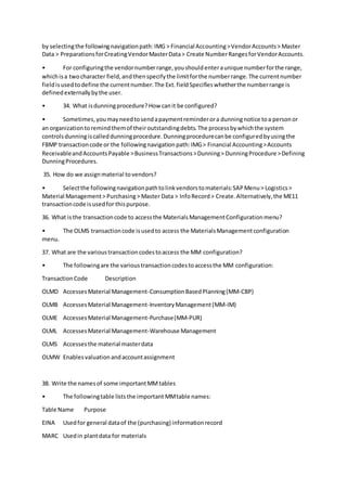 by selectingthe followingnavigationpath:IMG > Financial Accounting>VendorAccounts> Master
Data > PreparationsforCreatingVendorMasterData> Create NumberRangesforVendorAccounts.
• For configuringthe vendornumberrange,youshouldenteraunique numberforthe range,
whichisa twocharacter field,andthenspecifythe limitforthe numberrange.The currentnumber
fieldisusedtodefine the currentnumber.The Ext.fieldSpecifieswhetherthe numberrange is
definedexternallybythe user.
• 34. What isdunningprocedure?How canit be configured?
• Sometimes,youmayneedtosendapaymentreminderora dunningnotice toa personor
an organizationtoremindthemof theiroutstandingdebts.The processbywhichthe system
controlsdunningiscalleddunningprocedure.Dunningprocedurecanbe configuredbyusingthe
FBMP transactioncode or the followingnavigationpath:IMG> Financial Accounting>Accounts
ReceivableandAccountsPayable >BusinessTransactions>Dunning> DunningProcedure >Defining
DunningProcedures.
35. How do we assignmaterial tovendors?
• Selectthe followingnavigationpathtolinkvendorstomaterials:SAPMenu> Logistics>
Material Management> Purchasing> Master Data > InfoRecord> Create.Alternatively,the ME11
transactioncode isusedfor thispurpose.
36. What isthe transactioncode to accessthe MaterialsManagementConfigurationmenu?
• The OLMS transactioncode isusedto access the MaterialsManagementconfiguration
menu.
37. What are the varioustransactioncodestoaccess the MM configuration?
• The followingare the varioustransactioncodestoaccessthe MM configuration:
TransactionCode Description
OLMD AccessesMaterial Management-ConsumptionBasedPlanning(MM-CBP)
OLMB AccessesMaterial Management-InventoryManagement(MM-IM)
OLME AccessesMaterial Management-Purchase(MM-PUR)
OLML AccessesMaterial Management-Warehouse Management
OLMS Accessesthe material masterdata
OLMW Enablesvaluationandaccountassignment
38. Write the namesof some importantMMtables
• The followingtable liststhe important MMtable names:
Table Name Purpose
EINA Usedfor general dataof the (purchasing) informationrecord
MARC Usedin plantdata for materials
 