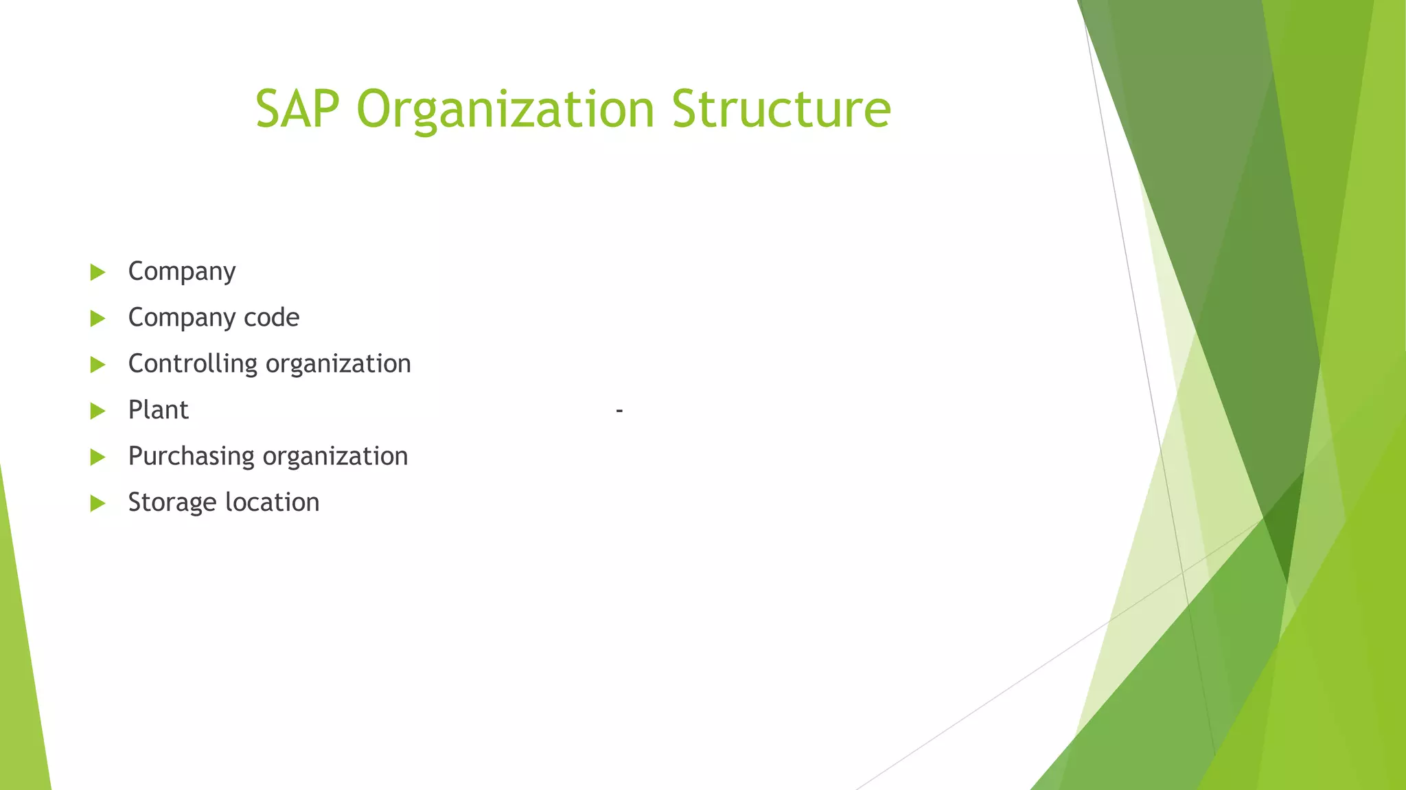 SAP Organization Structure
Company
Company code
Controlling organization
Plant -
Purchasing organization
Storage location