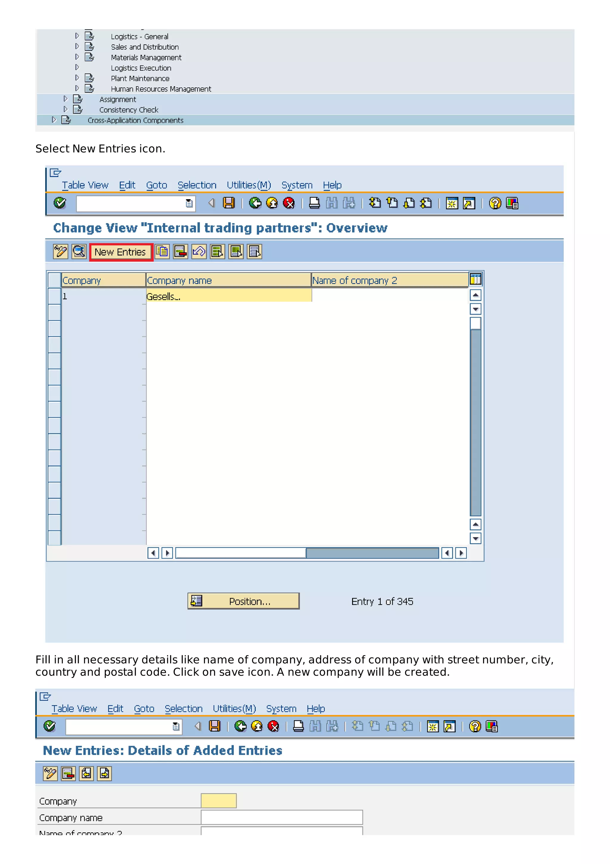 Select New Entries icon.
Fill in all necessary details like name of company, address of company with street number, city,
country and postal code. Click on save icon. A new company will be created.
 