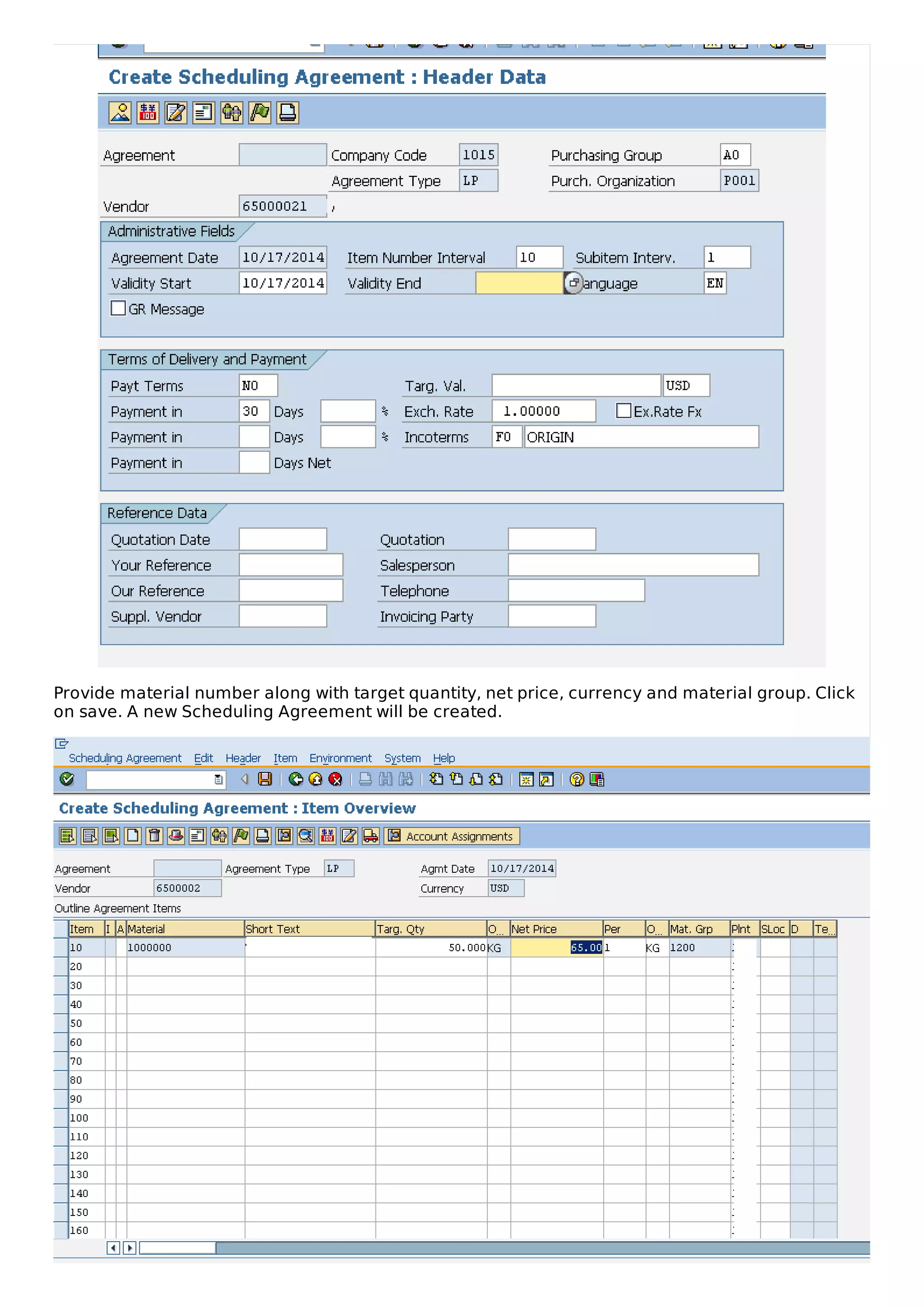 Provide material number along with target quantity, net price, currency and material group. Click
on save. A new Scheduling Agreement will be created.
 