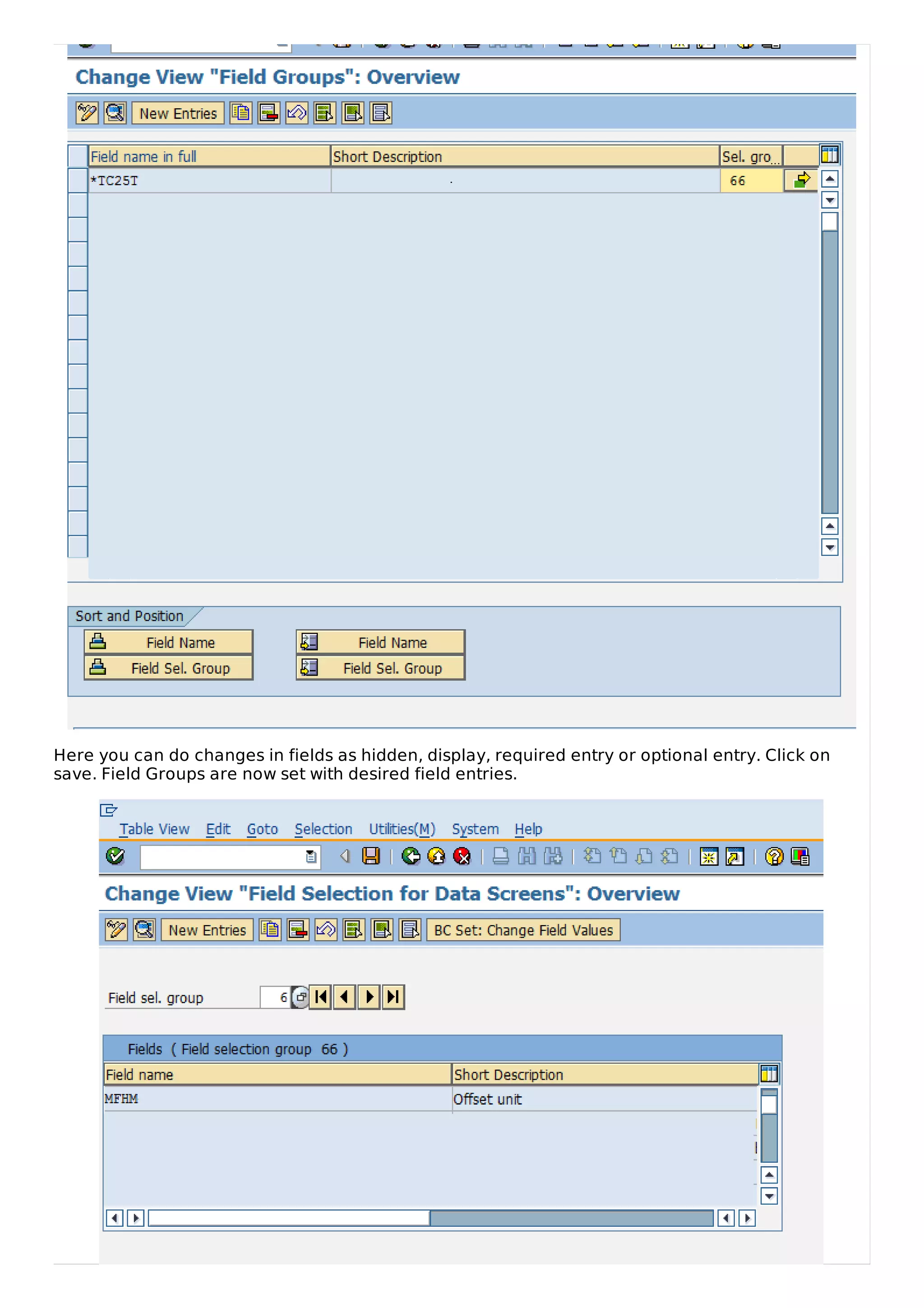 Here you can do changes in fields as hidden, display, required entry or optional entry. Click on
save. Field Groups are now set with desired field entries.
 
