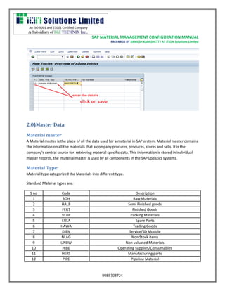 SAP MATERIAL MANAGEMENT CONFIGURATION MANUAL 
PREPARED BY RAMESH KAMISHETTY AT ITION Solutions Limited 
9985708724 
2.0)Master Data 
Material master 
A Material master is the place of all the data used for a material in SAP system. Material master contains the information on all the materials that a company procures, produces, stores and sells. It is the company's central source for retrieving material specific data. This information is stored in individual master records, the material master is used by all components in the SAP Logistics systems. 
Material Type: 
Material type categorized the Materials into different type. 
Standard Material types are: 
S no 
Code 
Description 
1 
ROH 
Raw Materials 
2 
HALB 
Semi Finished goods 
3 
FERT 
Finished Goods 
4 
VERP 
Packing Materials 
5 
ERSA 
Spare Parts 
6 
HAWA 
Trading Goods 
7 
DIEN 
Service/SD Module 
8 
NLAG 
Non Stock items 
9 
UNBW 
Non valuated Materials 
10 
HIBE 
Operating supplies/Consumables 
11 
HERS 
Manufacturing parts 
12 
PIPE 
Pipeline Material  