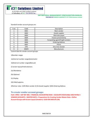 SAP MATERIAL MANAGEMENT CONFIGURATION MANUAL 
PREPARED BY RAMESH KAMISHETTY AT ITION Solutions Limited 
9985708724 
Standard vendor account groups are: 
S no 
Code 
Description 
1 
0001 
Main vendor 
2 
0002 
Goods supplier 
3 
0003 
Alternate payee 
4 
0004 
Invoice presented by 
5 
0005 
Forwarding agent/freight vendors 
6 
0006 
Ordering Address 
7 
0007 
Plants 
8 
CPD 
One time Vendor 
9 
MNFR 
Manufactures 
Control data for vendor account groups: 
1)Number ranges 
1a)Internal number ranges(Automatic) 
1b)External number ranges(Manual) 
2) Screen layout/Field selection. 
2a).Mandatory 
2b).Optional 
2c).Display 
2d).Hide/suppress. 
3)Partner roles: 1)VN-Main vendor 2) GS-Goods Supplier 3)OA-Ordering Address 
To create vendor account groups: 
Path> SPRO > SAP REF IMG > FINANCIAL ACCOUNTING NEW > ACCOUNTS RECEIVABLE AND PAYBLE > VENDOR ACCOUNTS > MASTER DATA > Preparations for Creating Vendor Master Data > Define Account Groups with Screen Layout (Vendors) CLICK ON EXECUTE (F8)  