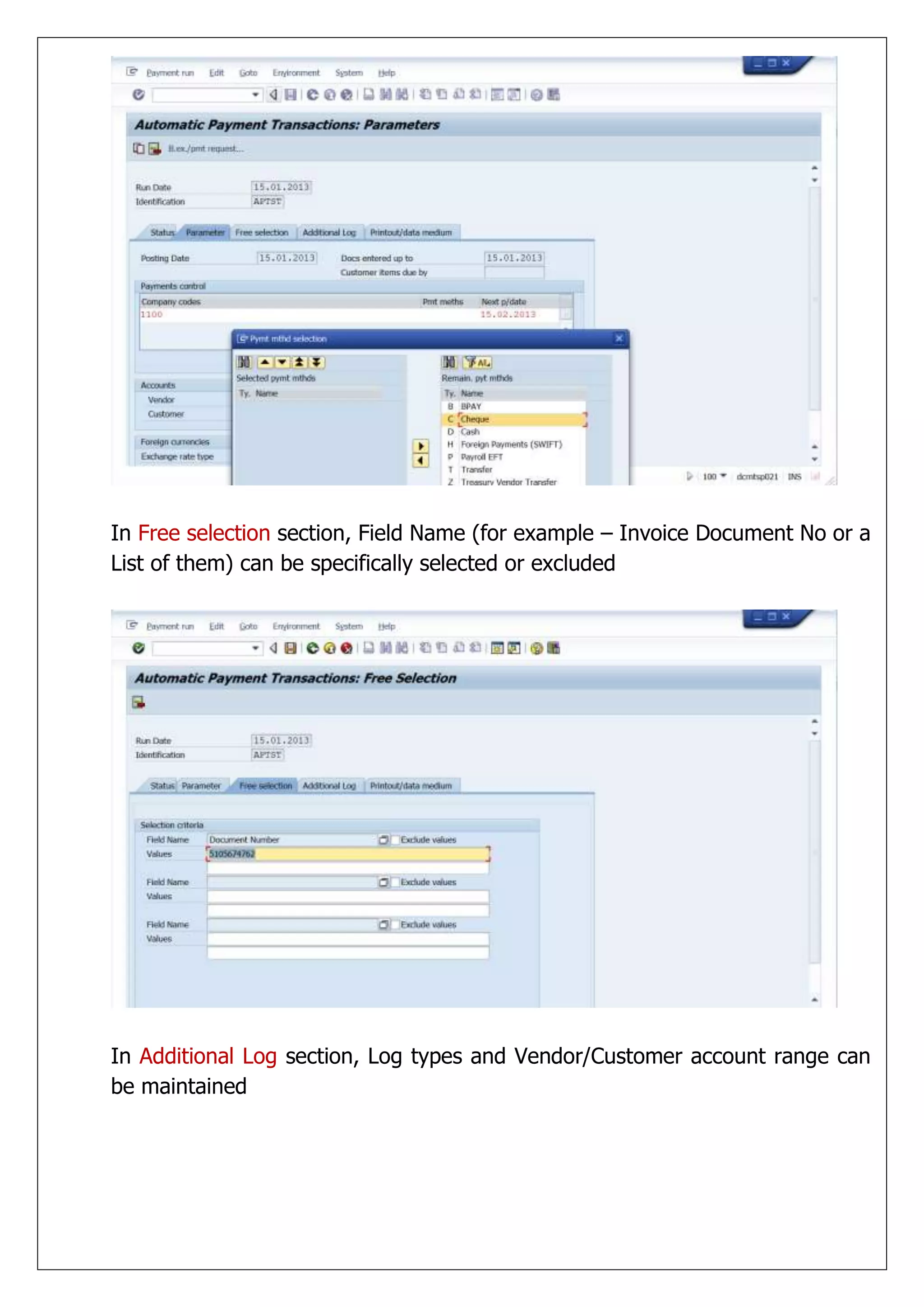 In Free selection section, Field Name (for example – Invoice Document No or a
List of them) can be specifically selected or excluded




In Additional Log section, Log types and Vendor/Customer account range can
be maintained
 