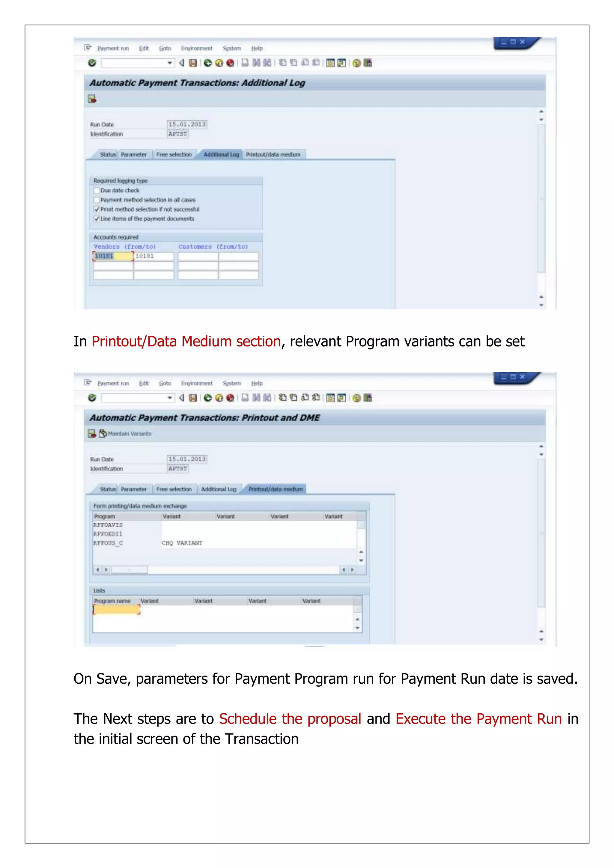In Printout/Data Medium section, relevant Program variants can be set




On Save, parameters for Payment Program run for Payment Run date is saved.

The Next steps are to Schedule the proposal and Execute the Payment Run in
the initial screen of the Transaction
 