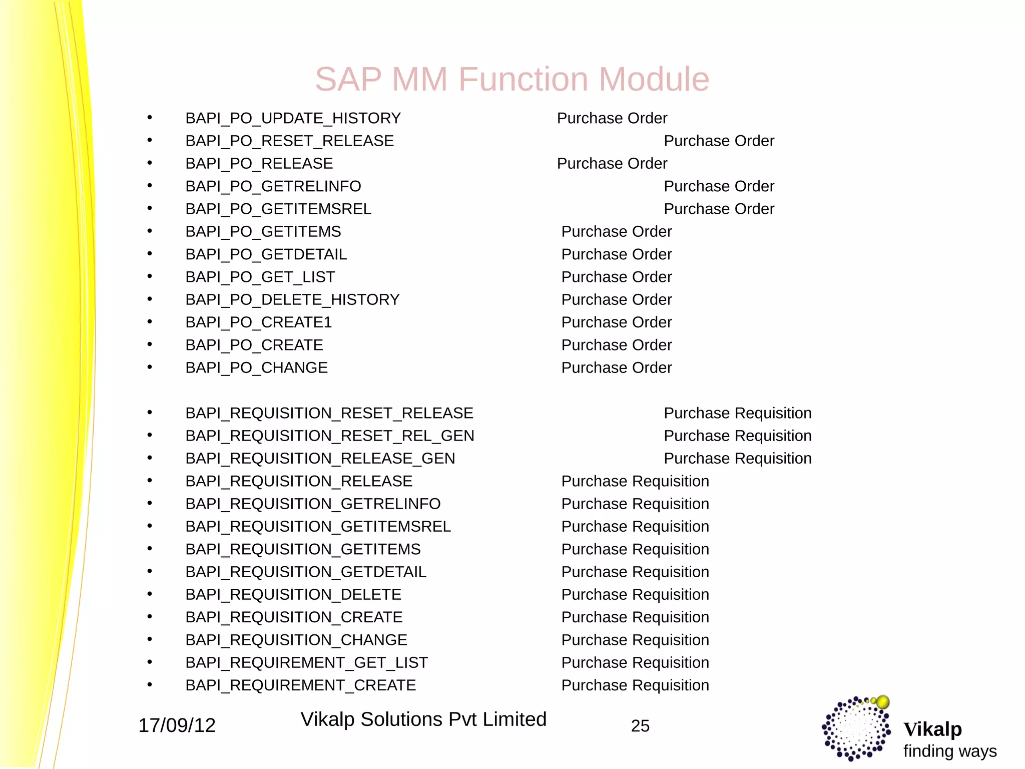 SAP MM Function Module
•   BAPI_PO_UPDATE_HISTORY                    Purchase Order
•   BAPI_PO_RESET_RELEASE                                  Purchase Order
•   BAPI_PO_RELEASE                           Purchase Order
•   BAPI_PO_GETRELINFO                                     Purchase Order
•   BAPI_PO_GETITEMSREL                                    Purchase Order
•   BAPI_PO_GETITEMS                          Purchase Order
•   BAPI_PO_GETDETAIL                         Purchase Order
•   BAPI_PO_GET_LIST                          Purchase Order
•   BAPI_PO_DELETE_HISTORY                    Purchase Order
•   BAPI_PO_CREATE1                           Purchase Order
•   BAPI_PO_CREATE                            Purchase Order
•   BAPI_PO_CHANGE                            Purchase Order

•   BAPI_REQUISITION_RESET_RELEASE                        Purchase Requisition
•   BAPI_REQUISITION_RESET_REL_GEN                        Purchase Requisition
•   BAPI_REQUISITION_RELEASE_GEN                          Purchase Requisition
•   BAPI_REQUISITION_RELEASE                  Purchase Requisition
•   BAPI_REQUISITION_GETRELINFO               Purchase Requisition
•   BAPI_REQUISITION_GETITEMSREL              Purchase Requisition
•   BAPI_REQUISITION_GETITEMS                 Purchase Requisition
•   BAPI_REQUISITION_GETDETAIL                Purchase Requisition
•   BAPI_REQUISITION_DELETE                   Purchase Requisition
•   BAPI_REQUISITION_CREATE                   Purchase Requisition
•   BAPI_REQUISITION_CHANGE                   Purchase Requisition
•   BAPI_REQUIREMENT_GET_LIST                 Purchase Requisition
•   BAPI_REQUIREMENT_CREATE                   Purchase Requisition

17/09/12       Vikalp Solutions Pvt Limited            25                        Vikalp
                                                                                 finding ways
 