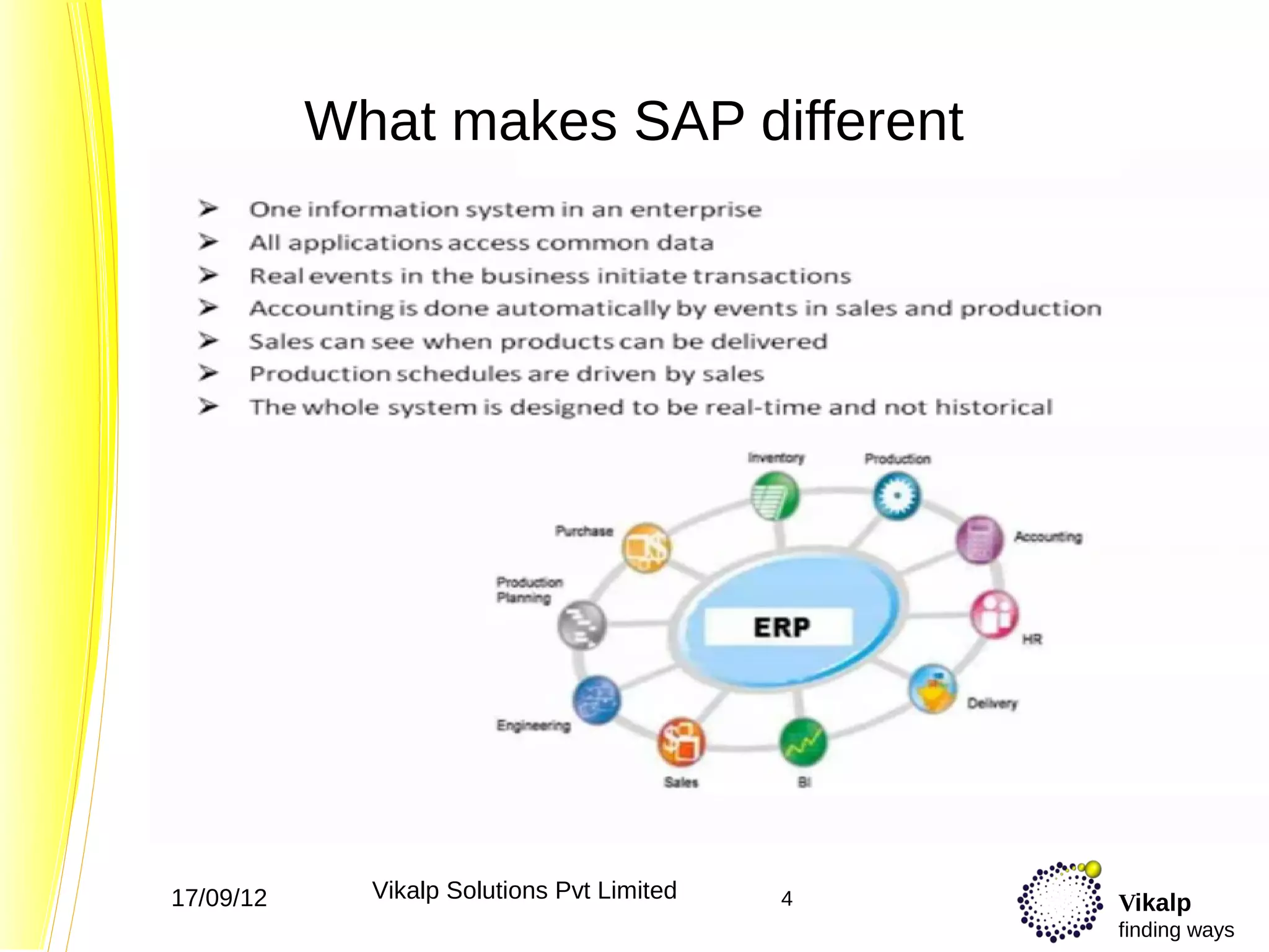 What makes SAP different




17/09/12     Vikalp Solutions Pvt Limited   4   Vikalp
                                                finding ways
 
