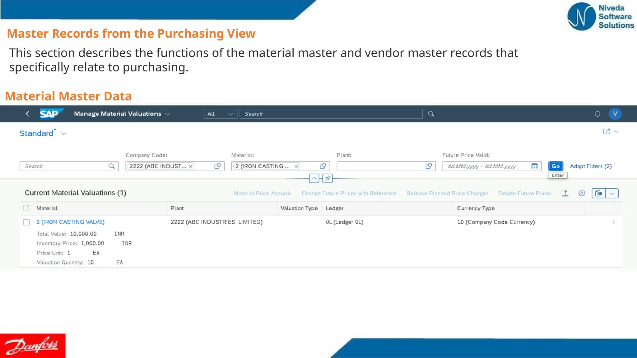 Master Records from the Purchasing View
This section describes the functions of the material master and vendor master records that
specifically relate to purchasing.
Material Master Data
Details on materials an enterprise procures externally or produces in-house. The unit of measure and the
description of a material are examples of the data stored in a material master record. Other SAP Logistics
components also access the material data.
 