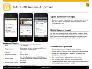 SAP GRC Access Approver


                                                                                    Typical Business Challenges
                                                                                     Companies need an aligned approach to access approval across
                                                                                      their SAP software environments, improving efficiency while
                                                                                      reducing access risks.




                                                                                    Mobile Business Impact
                                                                                    The SAP GRC Access Approver mobile app lets managers review
                                                                                    and approve time-sensitive and operational-critical access requests
                                                                                    using their Apple iPhones, allowing authorized employees to gain
                                                                                    access to systems and continue their work in a timely manner.



Facts and Figures
 Role:                          Line manager
                                                                                        Features and Capabilities
                                 Governance, risk, and compliance (GRC) and
 Target segment:                                                                    Display lists of user and firefighter access requests.
                                 cross lines of business (LoB)
                                                                                     Review user and firefighter access requests, with access details.
 Version:                       2.1
                                                                                     Review risks associated with a request (if risk analysis has
 Planned availability:          January 2012                                         already been performed).
                                 SAP Data Quality Management SDK; Sybase             Call or e-mail users to request additional information.
 Prerequisites:                 Unwired Platform 2.1; SAP NetWeaver Gateway
                                                                                     Add comments before approving or rejecting requests.
                                 technology
                                                                                     Forward requests to people in your contacts list in cases in which
 Mobile device support:         iPhone 4.x                                           further analysis and simulation is needed.
 Video:                         http://youtu.be/o0fA_ERAjN0
© 2012 SAP AG. All rights reserved.                                 Updated: 3Apr2012                                                                12
 