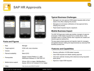 SAP HR Approvals


                                                                                          Typical Business Challenges
                                                                                           Managers can only approve HCM-related requests while at their
                                                                                            desks in the office, delaying the process.
                                                                                           Managers do not receive notifications of new approval items,
                                                                                            delaying the process.
                                                                                           Paper-based requests require a signature.

                                                                                          .Mobile   Business Impact
                                                                                          The SAP HR Approvals mobile app enables managers to approve
                                                                                          employees‟ HCM-related requests from a mobile device. It lets
                                                                                          managers react in a timely manner when requests are created and
                                                                                          reduces approval waiting time.

Facts and Figures                                                                         The app eases simple approval and rejection tasks for managers
                                                                                          and speeds decision making and responsiveness by reducing HCM
                                                                                          workflow process time.
 Role:                                Manager
 Target segment:                      HCM LoB, cross industries
                                                                                              Features and Capabilities
 Version:                             2.2
                                                                                           Receive notification of HCM-related requests.
 Planned availability:                March 2012
                                                                                           View HCM requests and details awaiting approval.
                                       Sybase Unwired Platform 2.1; SAP                    View team calendar showing other absences during requested
 Prerequisites:
                                       NetWeaver Gateway 2.0; SAP ERP 6.0                   leave period.
                                                                                           Approve or reject HCM requests.
                                       iPhone, iOS 4 or higher, RIM BlackBerry
 Mobile device support:
                                       Device, OS 5.0, 6.0, Android 2.3.3 or higher

 Video:                               http://youtu.be/4GBrGTekQk0

 © 2012 SAP AG. All rights reserved.                                      Updated: 3Apr2012                                                                22
 