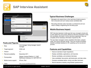 SAP Interview Assistant


                                                                                         Typical Business Challenges
                                                                                          Managers who spend time on the road have limited access to
                                                                                           their computers and can‟t easily access candidate data.

                                                                                          Recording interview notes manually is cumbersome and can
                                                                                           result in delays, lengthening the recruiting cycle.


                                                                                             Mobile Business Impact
                                                                                             SAP Interview Assistant mobile app lets busy managers simply pick
                                                                                             up their tablet PCs and quickly reference interview preparation notes
                                                                                             and candidate information. As the interview progresses, they can
                                                                                             complete all the necessary information required by HR.
                                                                                             The app helps managers review candidate information, prepare
                                                                                             notes, and record interview results. They can provide immediate,
 Facts and Figures                                                                           detailed candidate feedback to HR, speeding up the recruitment
                                                                                             process.
                                  Line manager, hiring manager, branch
 Role:
                                  manager
 Target segment:                 HCM LoB                                                    Features and Capabilities
 Version:                        1.1                                                         Have an overview of open requisitions.
 Planned availability:           December 2011                                               Display candidates, applications, and resumes.

                                  Sybase Unwired Platform 2.1; SAP                            Review candidates, and schedule interviews.
 Prerequisites:
                                  NetWeaver Gateway 2.0; SAP ERP 6.0                          View candidates' documents, add bookmarks, and take notes.
 Mobile device support:          iPhone; iPad                                                Evaluate candidates before, during, and after interviews.
                                                                                              Record decisions instantly using flexible questionnaires.
 Video:                          http://youtu.be/bf8xadz9YWE

  © 2012 SAP AG. All rights reserved.                                    Updated: 3Apr2012                                                                   23
 
